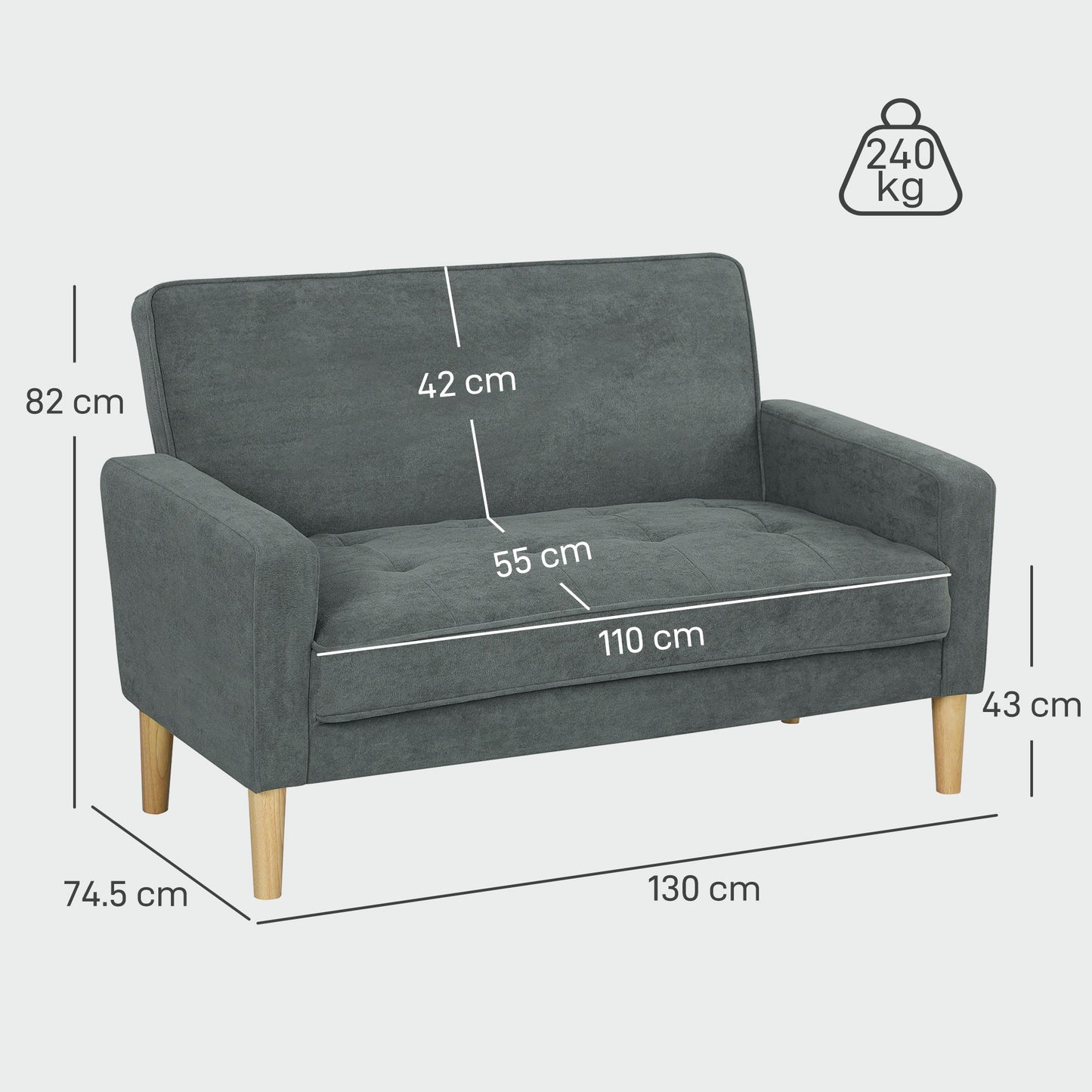 HOMCOM Two-Seater Velvet-Feel Sofa - Grey