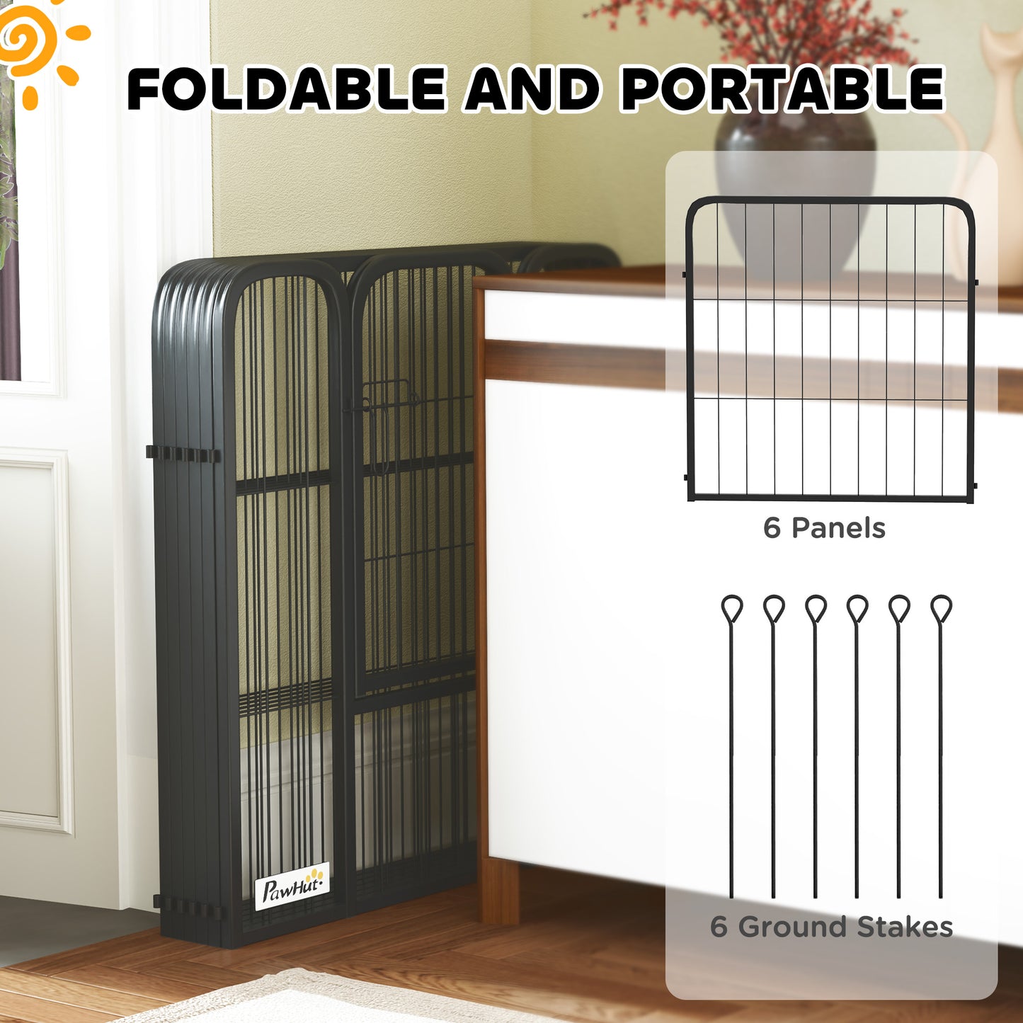 PawHut Six-Panel Dog Playpen with Door, for Small Dogs, Indoors, Outdoors, 60cm Tall, Black