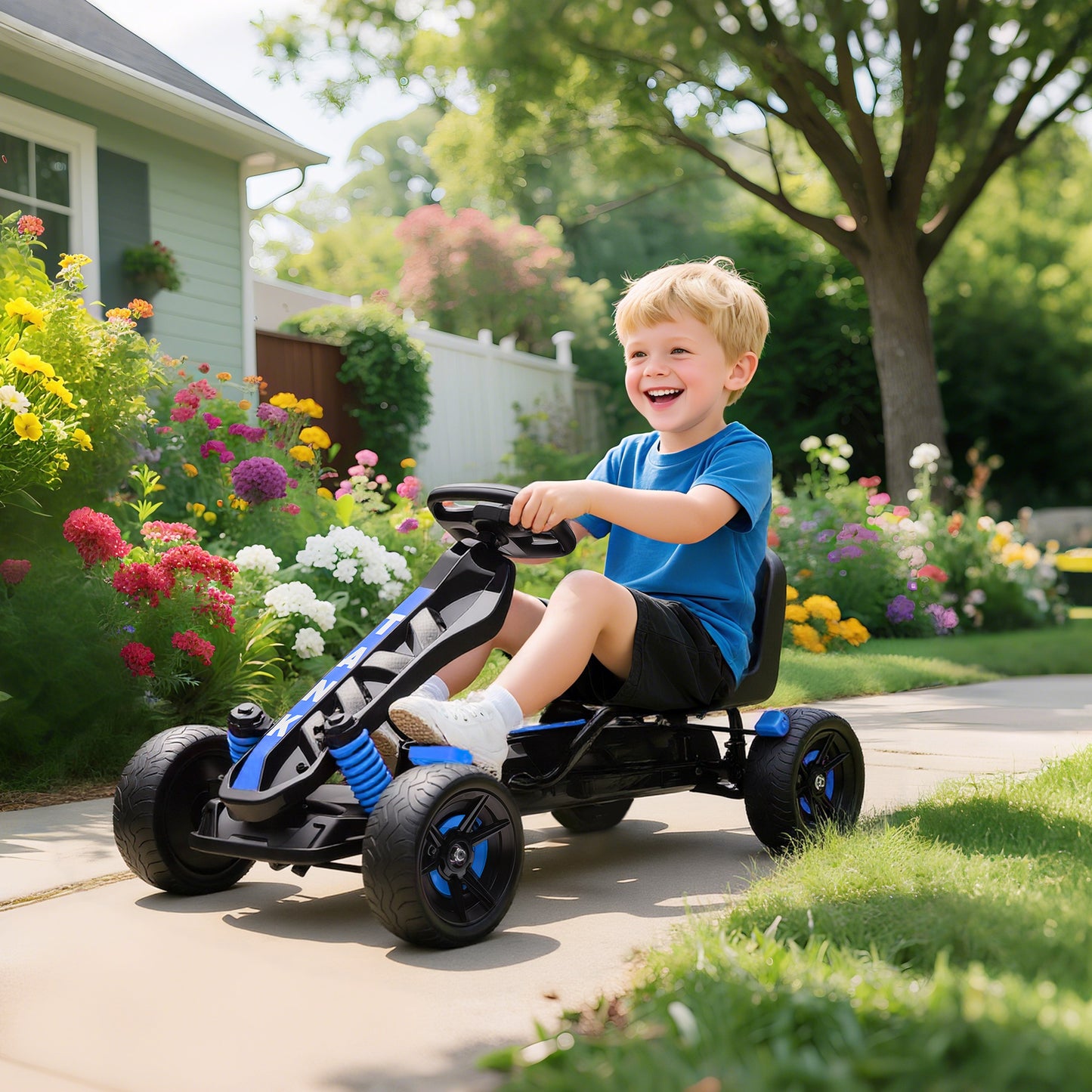 AIYAPLAY Pedal Go Kart for Kids Aged 3-6 Years, with Freewheel System, Brake, EVA Anti-Slip Wheels, Blue