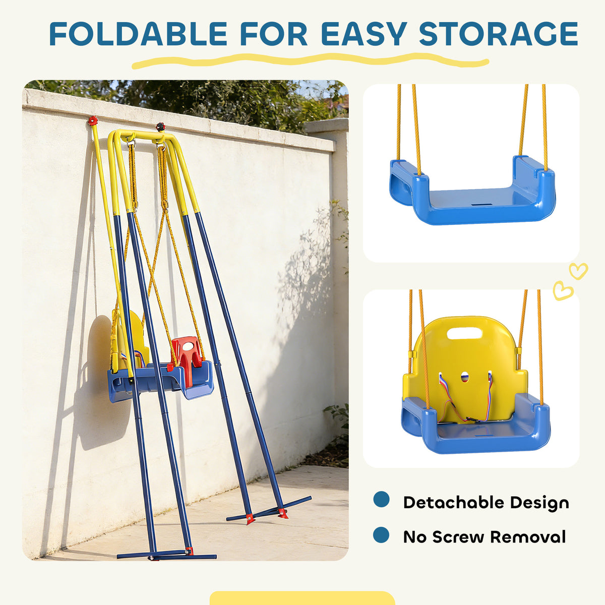 AIYAPLAY 3 in 1 Toddler Swing Set, Folding Child Swing Set with Seat Belt, Adjustable Seat for Outdoor Indoor, Blue
