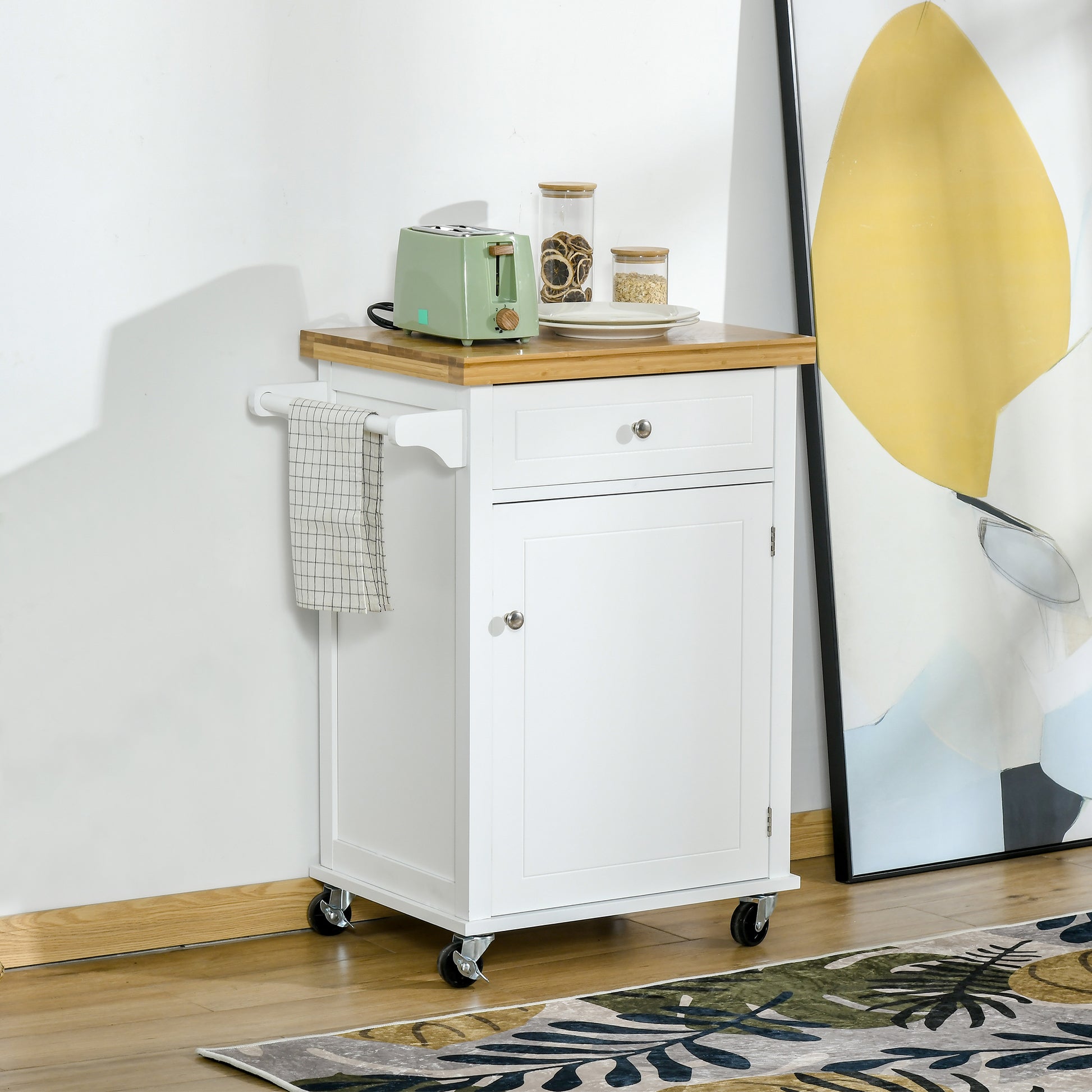 HOMCOM Kitchen Cart Storage Trolley Wooden Cabinet with Drawer Cupboard Towel Rail White--ChewyGames-ChewyGames