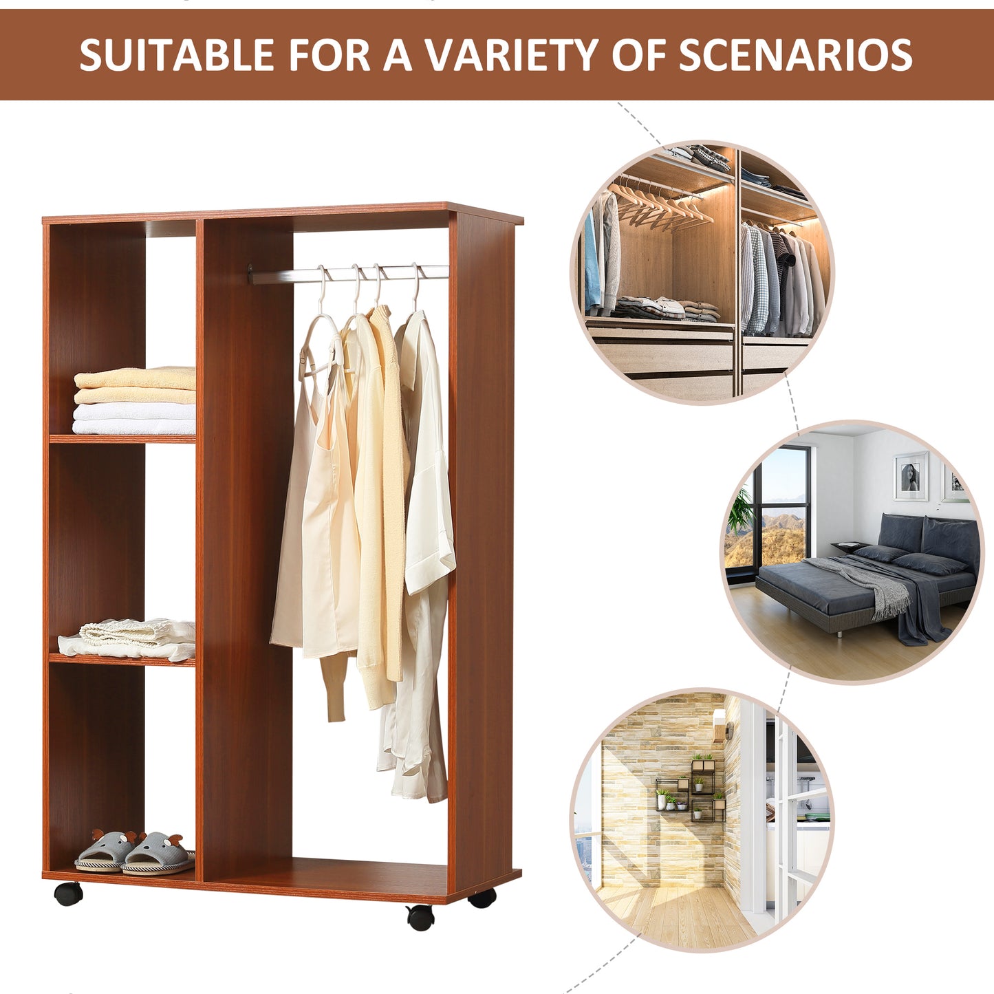 HOMCOM Open Wardrobe on Wheels, Bedroom Wardrobe with Clothes Hanging Rail, 3 Storage Shelves, Mobile Garment Rack for Cloakroom, Hallway, Walnut-Corner Wardrobes-ChewyGames-ChewyGames
