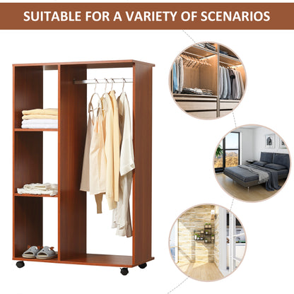 HOMCOM Open Wardrobe on Wheels, Bedroom Wardrobe with Clothes Hanging Rail, 3 Storage Shelves, Mobile Garment Rack for Cloakroom, Hallway, Walnut-Corner Wardrobes-ChewyGames-ChewyGames