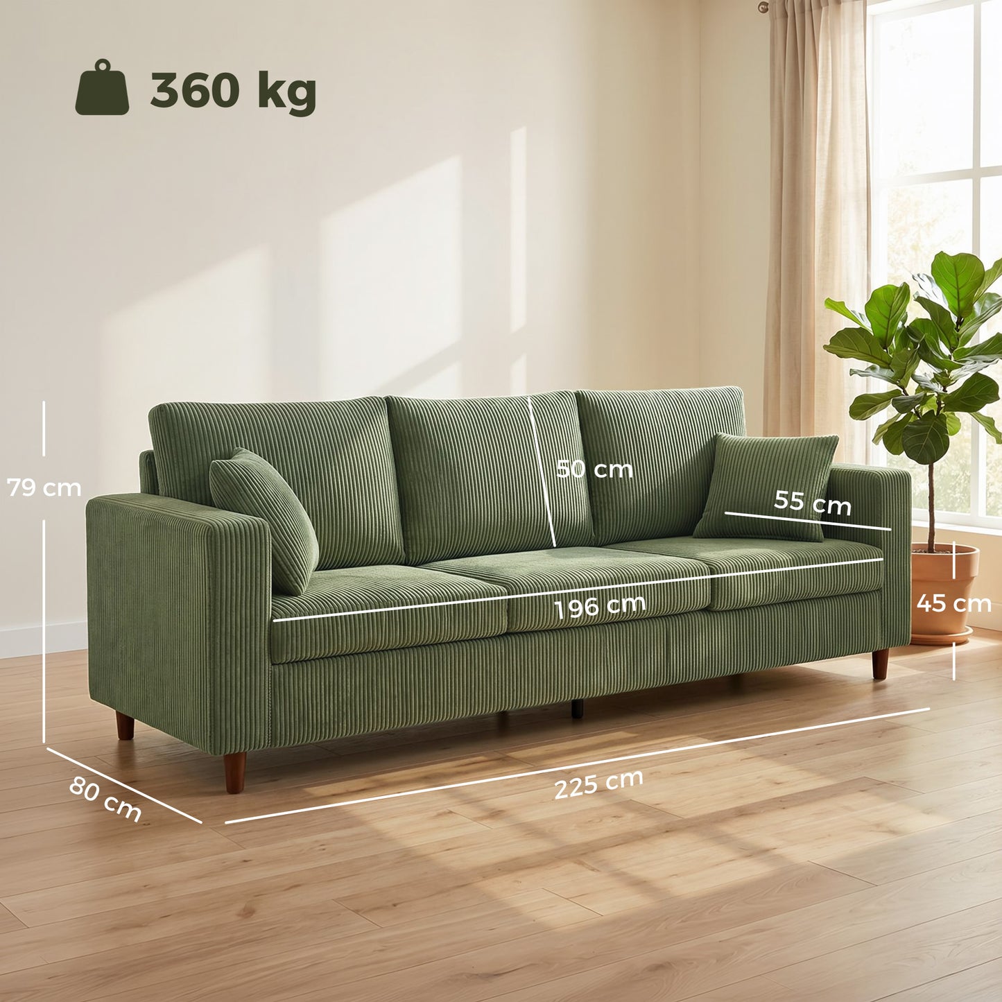HOMCOM 3 Seater Sofa with Wide Seat, Corduroy Fabric Couch with Deep Seat, Spring Cushion, Green