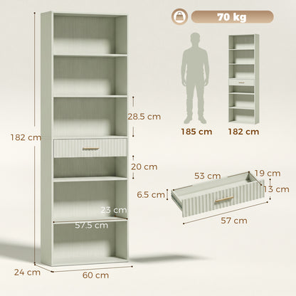 HOMCOM Bookcase Narrow Tall Space-Saving Bookshelf Drawer Open Shelves 60 x 24 x 182 cm Light Green