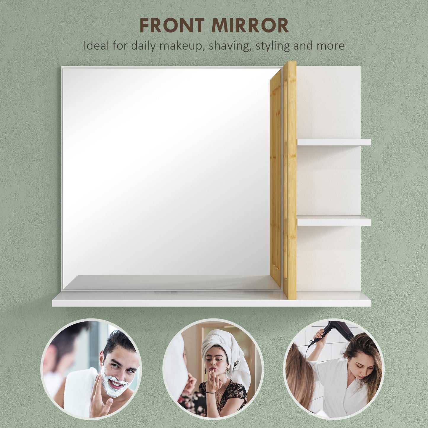 HOMCOM Bamboo Panel Bathroom Mirror, with Shelves - White