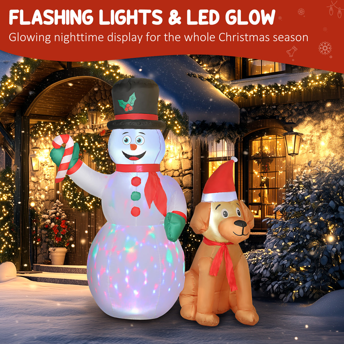 Outsunny 6FT Christmas Inflatables Snowman & Dog with Built-in LED Lights and Flashing Light, Blow Up Christmas Inflatable Decoration for Indoor Outdoor Decor, Garden