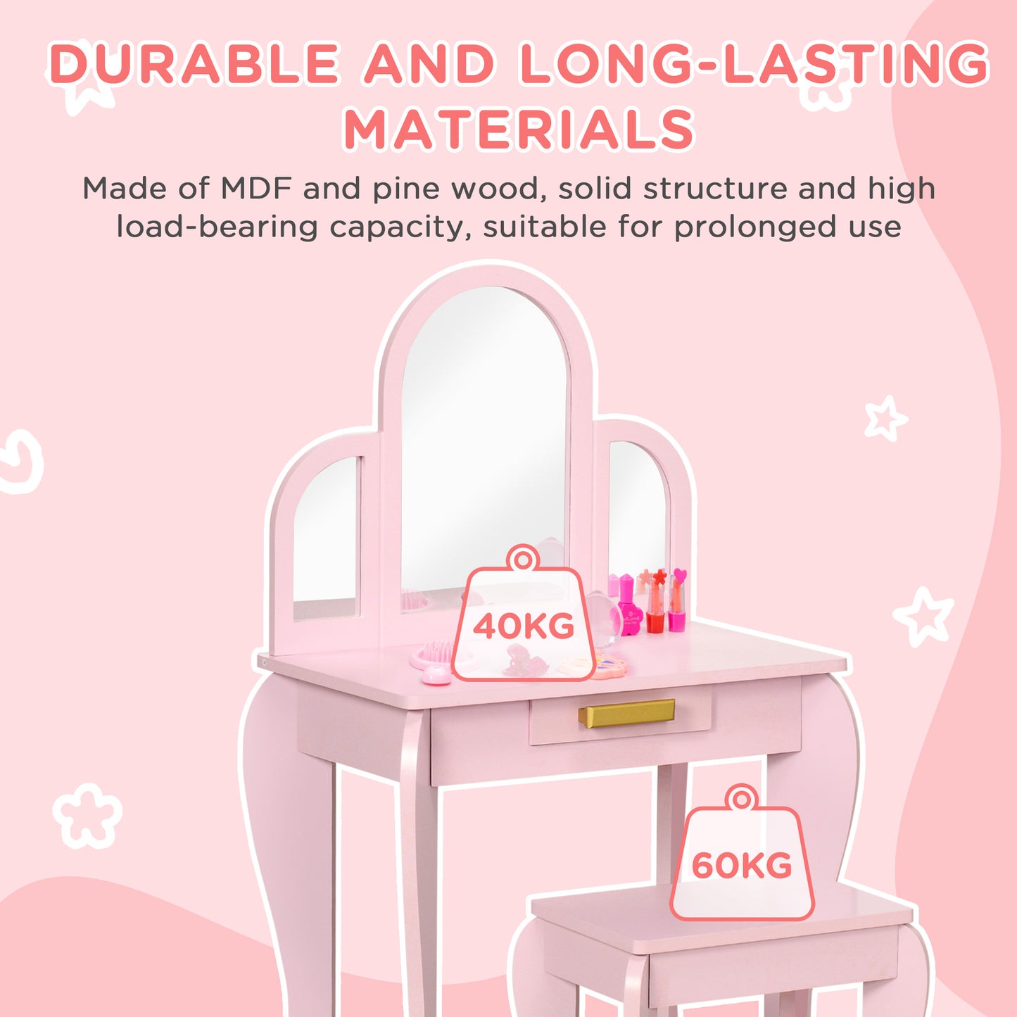 HOMCOM Kids Dressing Table Set, with Mirror and Drawer - Pink--ChewyGames-ChewyGames