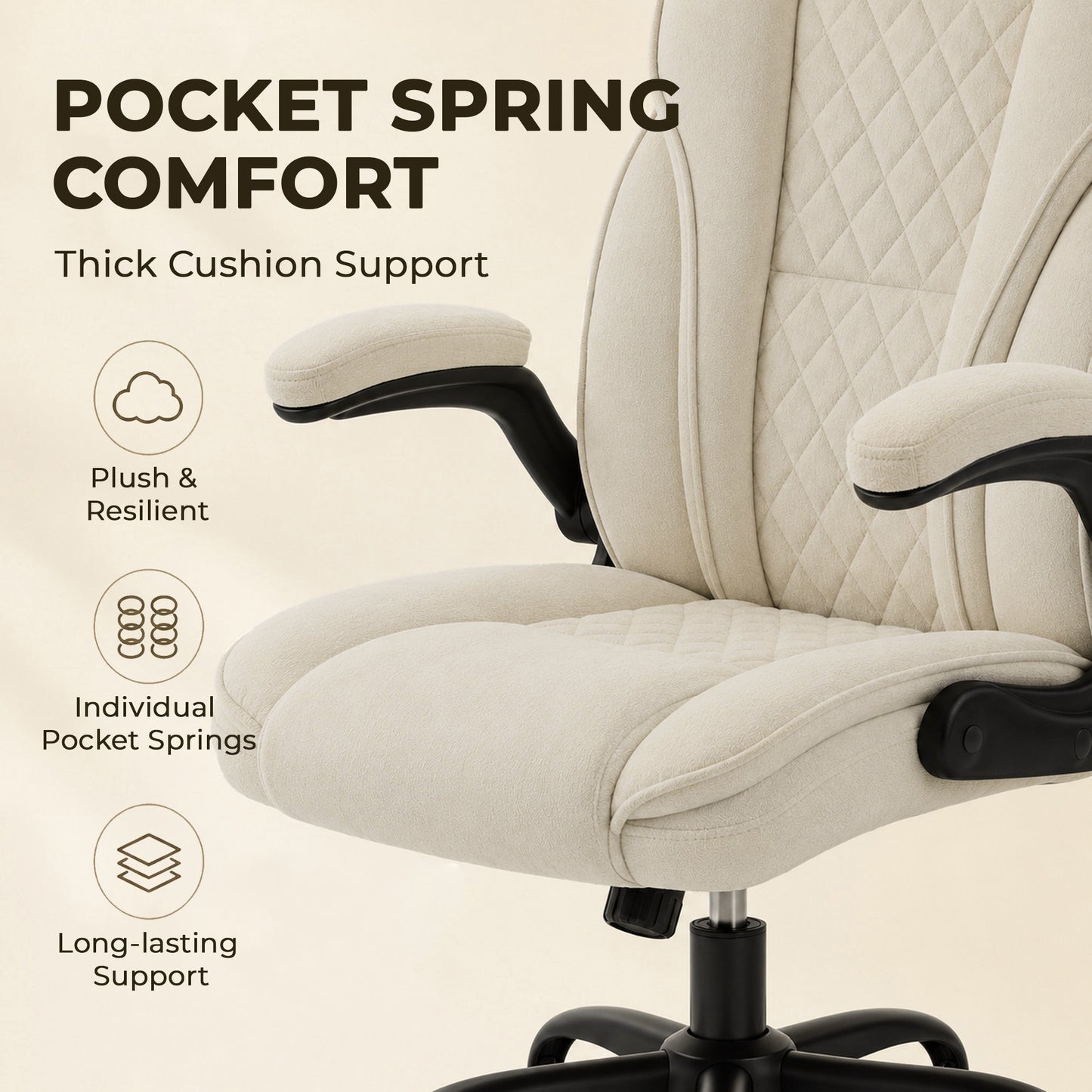 HOMCOM Office Chair, Ergonomic Desk Chair with Flip-up Armrest, Pocket Springs, Swivel Wheels, Adjustable Height, Beige