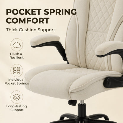 HOMCOM Office Chair, Ergonomic Desk Chair with Flip-up Armrest, Pocket Springs, Swivel Wheels, Adjustable Height, Beige