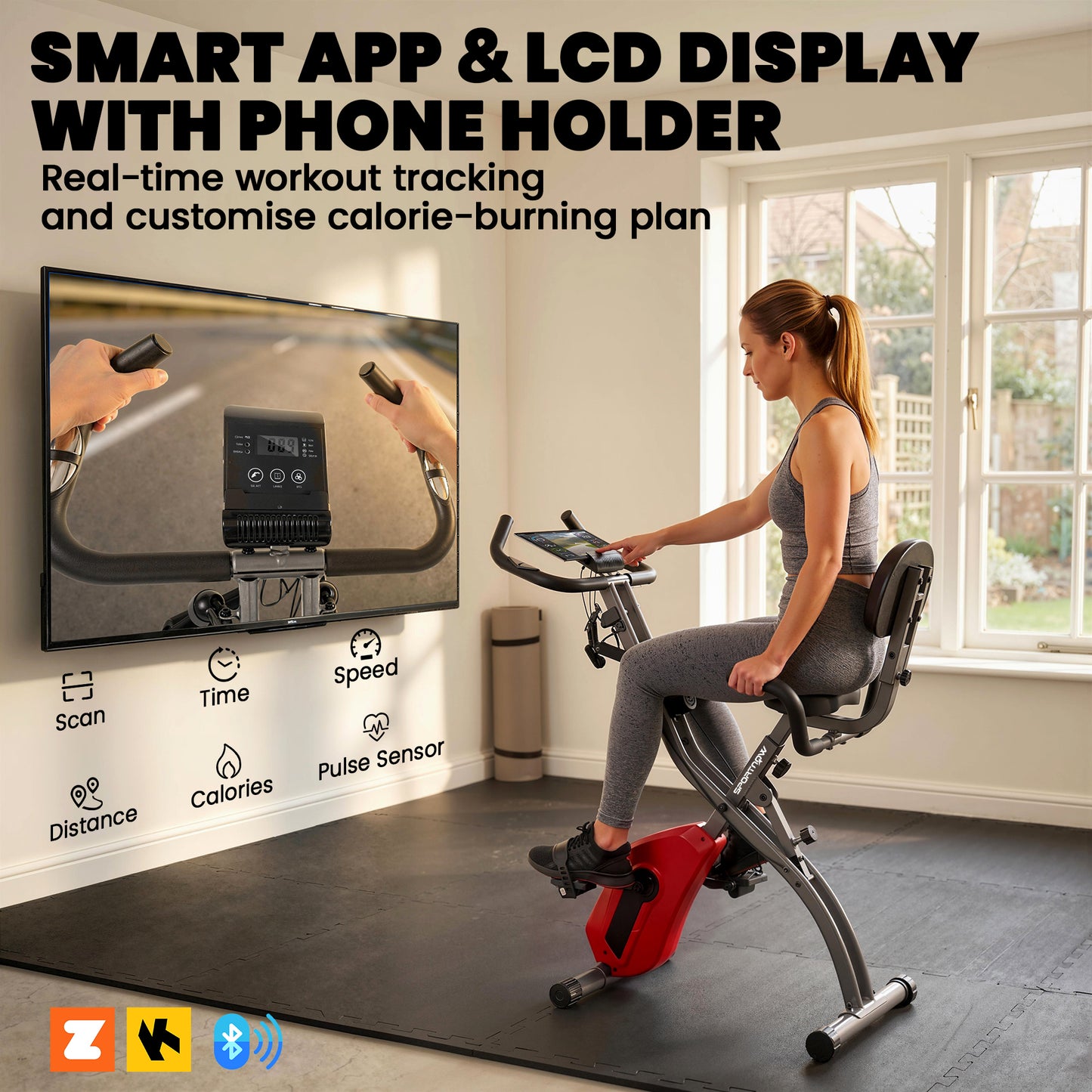 SPORTNOW 4-In-1 Folding Exercise Bike with Resistance Bands, Bluetooth App, 8-Level Magnetic Resistance, LCD Display, Red