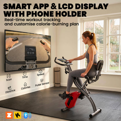 SPORTNOW 4-In-1 Folding Exercise Bike with Resistance Bands, Bluetooth App, 8-Level Magnetic Resistance, LCD Display, Red