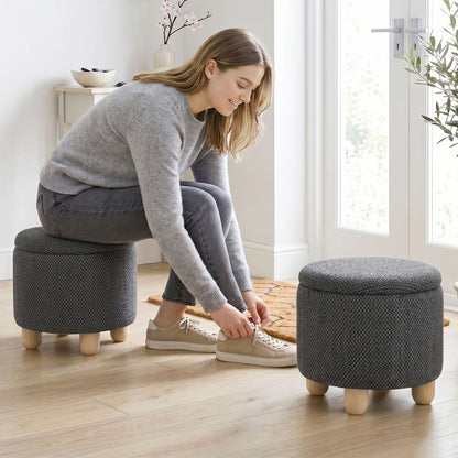HOMCOM Storage Sitting Bench with Lid, Round Storage Ottoman with Rubberwood Legs, Dark Grey