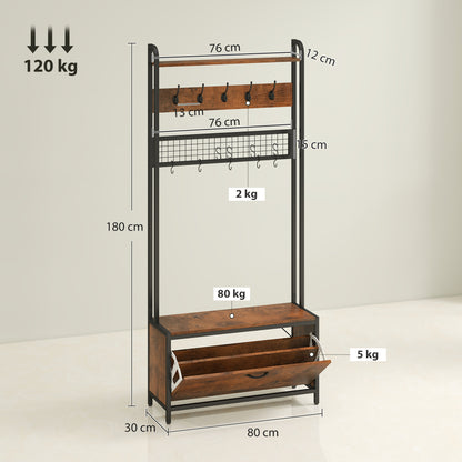 HOMCOM 5-In-1 Industrial-Style Hallway Tree - Brown/Black