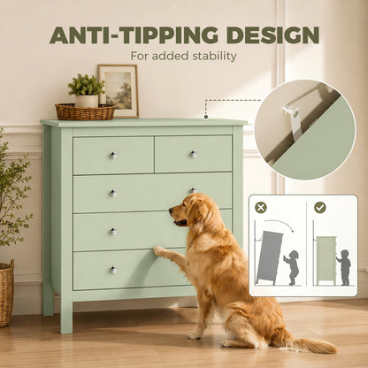 HOMCOM 5 Drawer Chest of Drawers, Modern Dresser for Bedroom, Bedside Storage Cabinet, Wide Storage Unit with Glide Runners for Living Room, Hallway, Closet, 79 x 39.5 x 80.5 cm, Sage Green