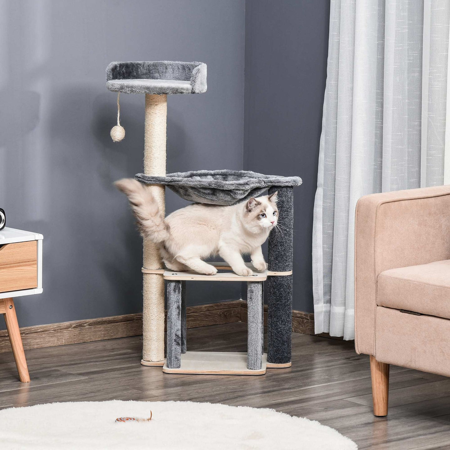 PawHut Cat Tree for Indoor Cats 95cm Climbing Tower Kitten Activity Center with Sisal Scratching Post Perch Roomy Condo Hammock Removable Felt Hanging Toy, Grey