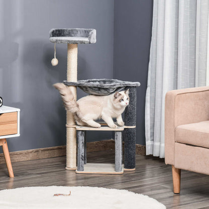 PawHut Cat Tree for Indoor Cats 95cm Climbing Tower Kitten Activity Center with Sisal Scratching Post Perch Roomy Condo Hammock Removable Felt Hanging Toy, Grey