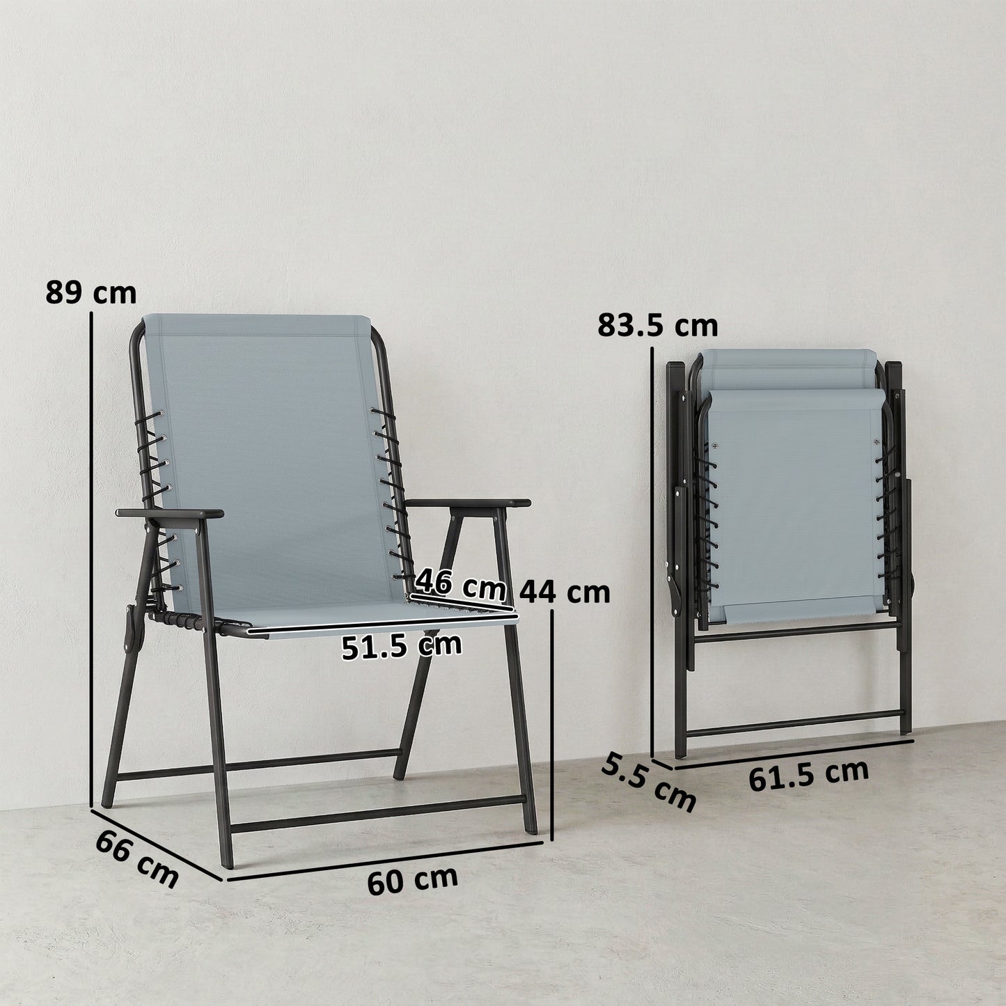 Outsunny Folding Garden Chairs Set of 2, Outdoor Dining Chairs with Wide Texteline Seat, High Back and Armrests, Light Grey