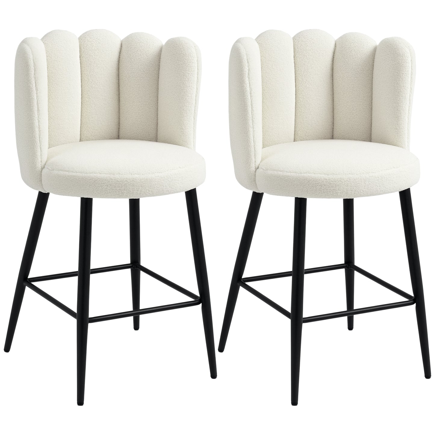 HOMCOM Bar Stools Set of 2, Modern Boucle Upholstered Shell Barstools, Breakfast Bar Chairs with Backrest, Footrest and Steel Base for Kitchen Counter, Cream