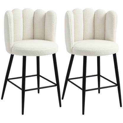 HOMCOM Bar Stools Set of 2, Modern Boucle Upholstered Shell Barstools, Breakfast Bar Chairs with Backrest, Footrest and Steel Base for Kitchen Counter, Cream