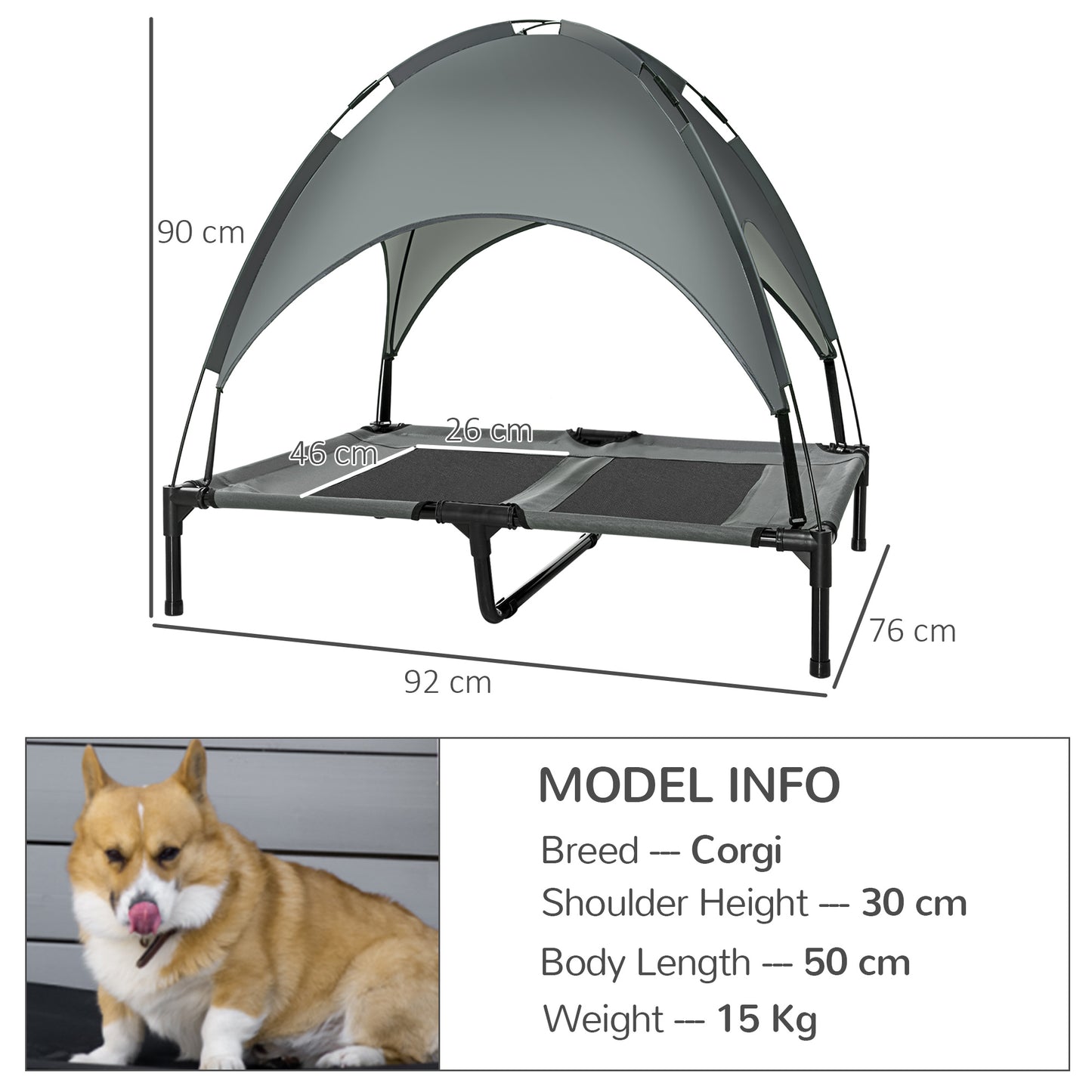 PawHut Outdoor Dog Bed with Removable Canopy, Portable Raised Dog Bed for Camping, Garden & Beach, Water-Resistant UV-Protection Mesh Pet Cot Sun Lounger, for Large Pets, 92 x 76 x 90 cm, Grey--ChewyGames-ChewyGames