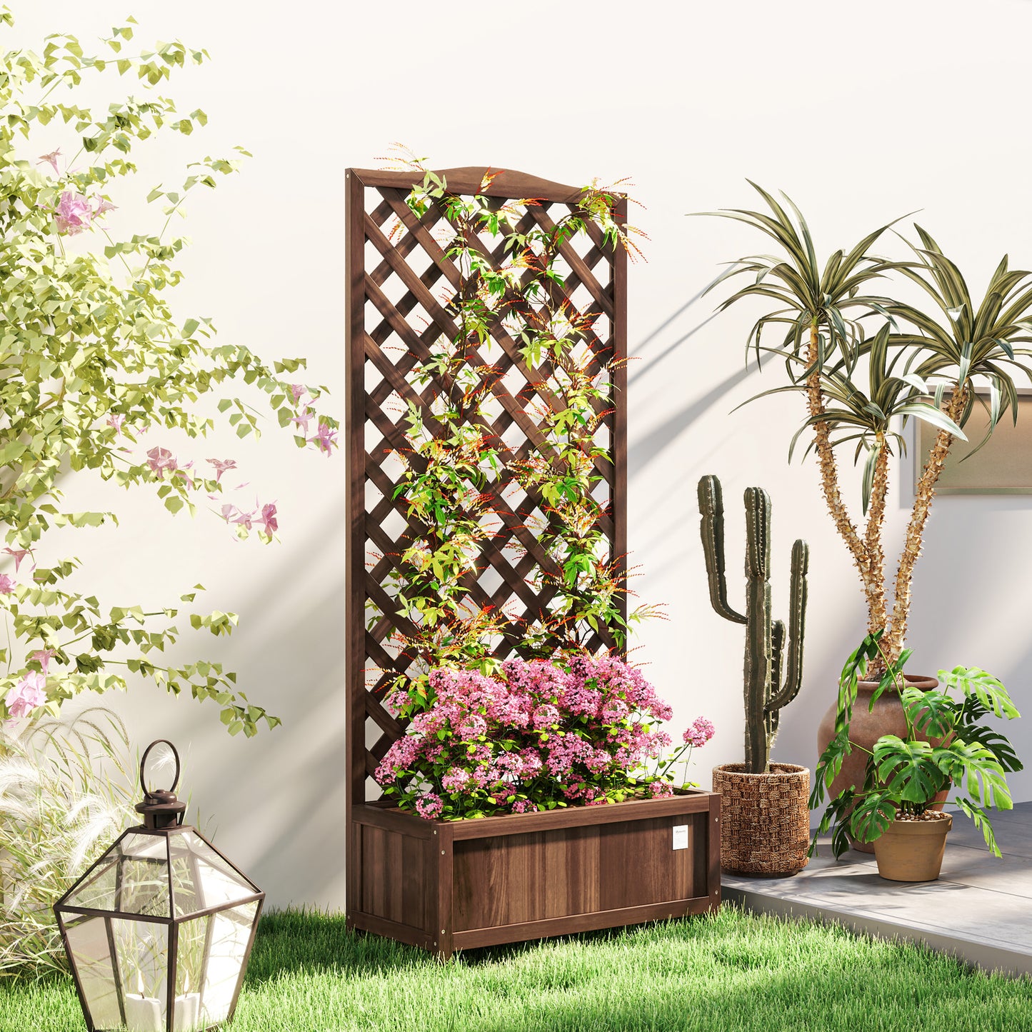 Outsunny Wooden Planter with Trellis, Freestanding Raised Bed for Garden with Lattice, Outdoor Planter Box for Climbing Plants, Vines, Flowers, 76 x 36 x 170 cm, Dark Brown