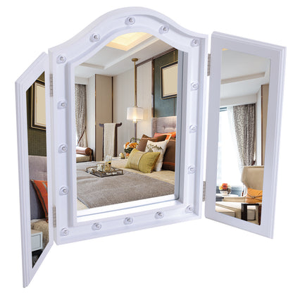 HOMCOM Trifold Tabletop Mirror, 73x53.5cm Makeup Mirror Large Cosmetic w/16 LED Lights Powered by Batteries, Foldable For Bedroom, White