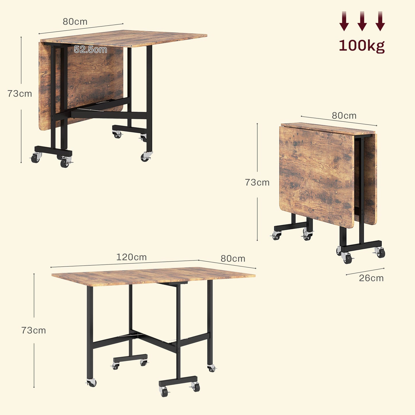 HOMCOM Six-Seater Drop-Leaf Dining Table, with Wheels - Brown Wood-Effect-Kitchen & Dining Room Tables-ChewyGames-ChewyGames