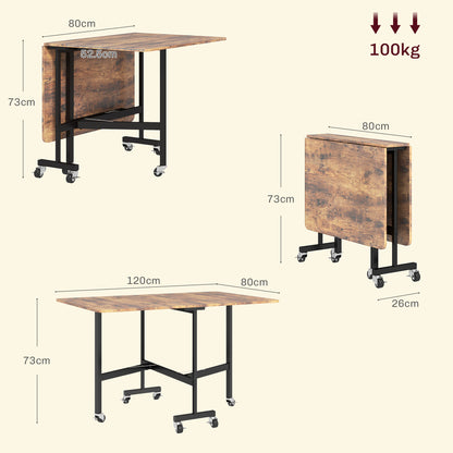 HOMCOM Six-Seater Drop-Leaf Dining Table, with Wheels - Brown Wood-Effect-Kitchen & Dining Room Tables-ChewyGames-ChewyGames