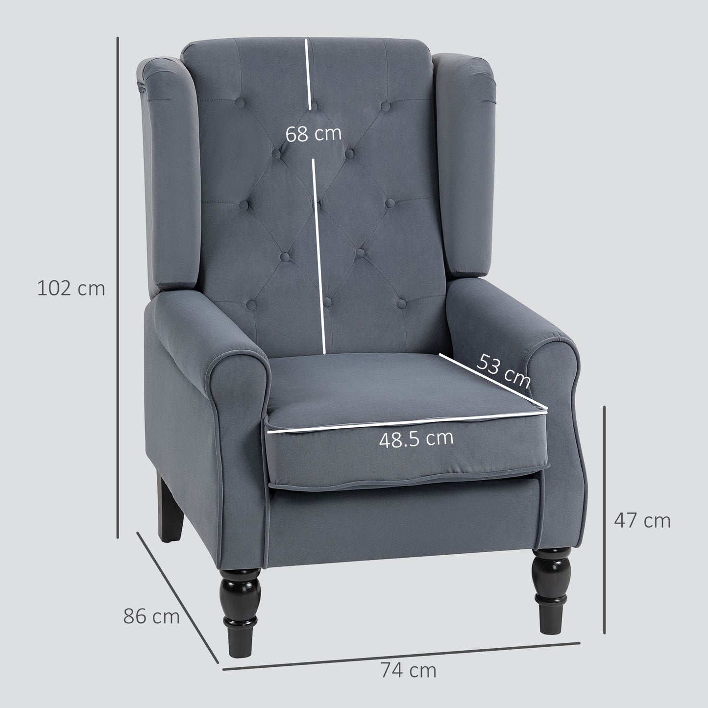 HOMCOM Wingback Accent Chair, Retro Upholstered Button Tufted Occasional Chair for Living Room and Bedroom, Grey