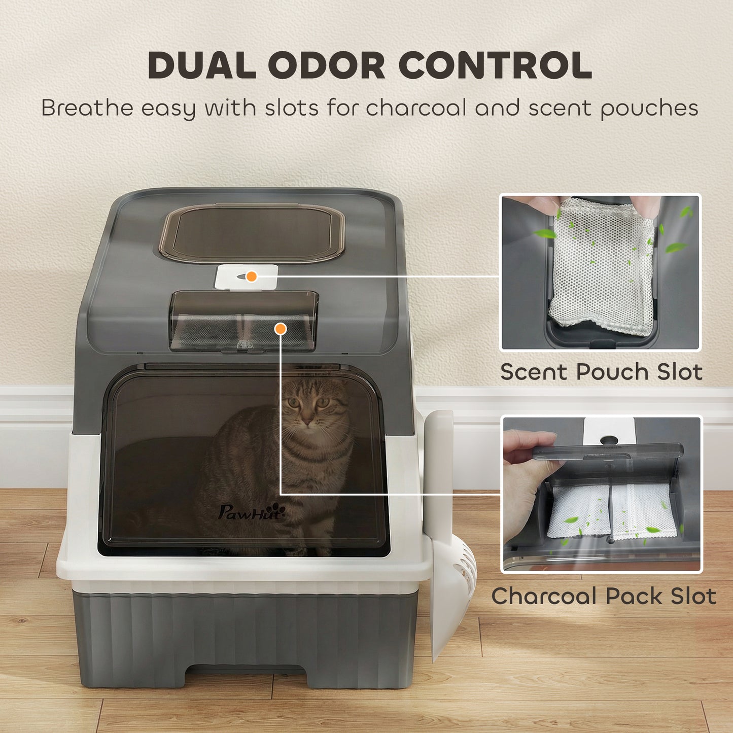 PawHut Enclosed Cat Litter Box with Lid, Pull-Out Drawer Tray, Scoop, 4 Deodorisation Bags, Front Entry & Top Exit, Grey