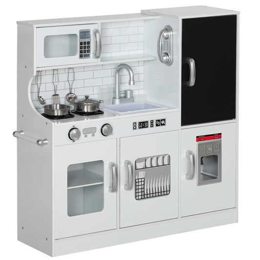 AIYAPLAY Pretend Play Kitchen, Kids Kitchen Playset, with Toy Phone, Chalkboard, Microwave, Cooking Stove, Sink, White