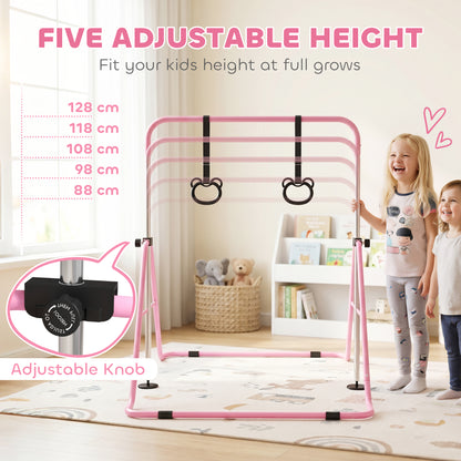 HOMCOM Adjustable Height, Foldable Kids Gymnastics Bar w/ Non-slip Rubber Floor Rings, for 3+ Years, Pink