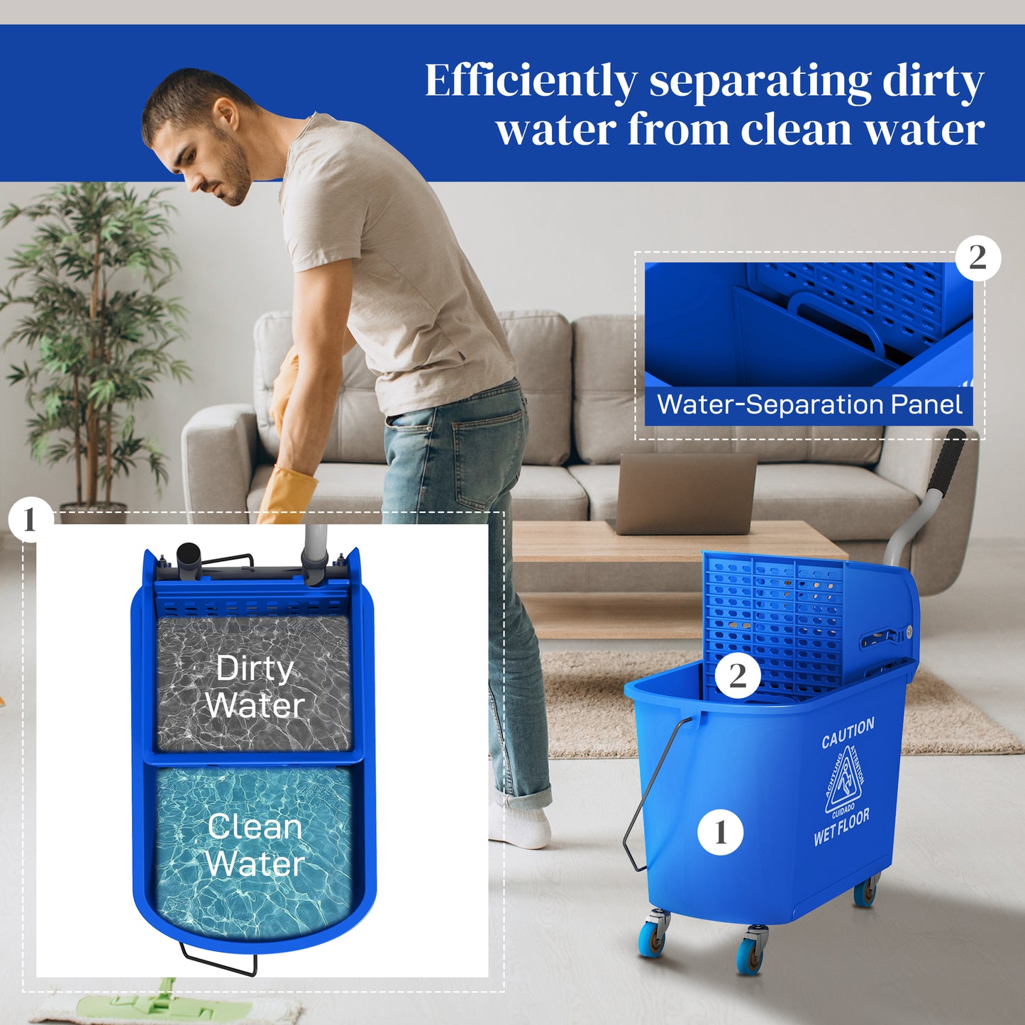 HOMCOM 20L Compact Mop Bucket on Wheels, with Water Separation Panel - Blue