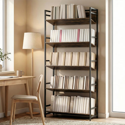 HOMCOM Bookshelf 5-Tier Metal Frame Room Divider Bookcase Storage Shelves for Living Room Rustic Brown