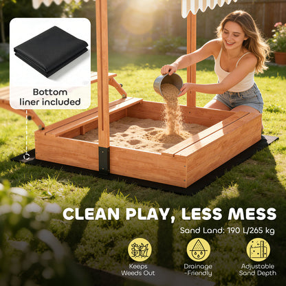 AIYAPLAY Kids Sand Pit with Lid, Wooden Sandpit with Canopy, Foldable Picnic Table, Bench Seats, Bottom Liner for Patio Garden