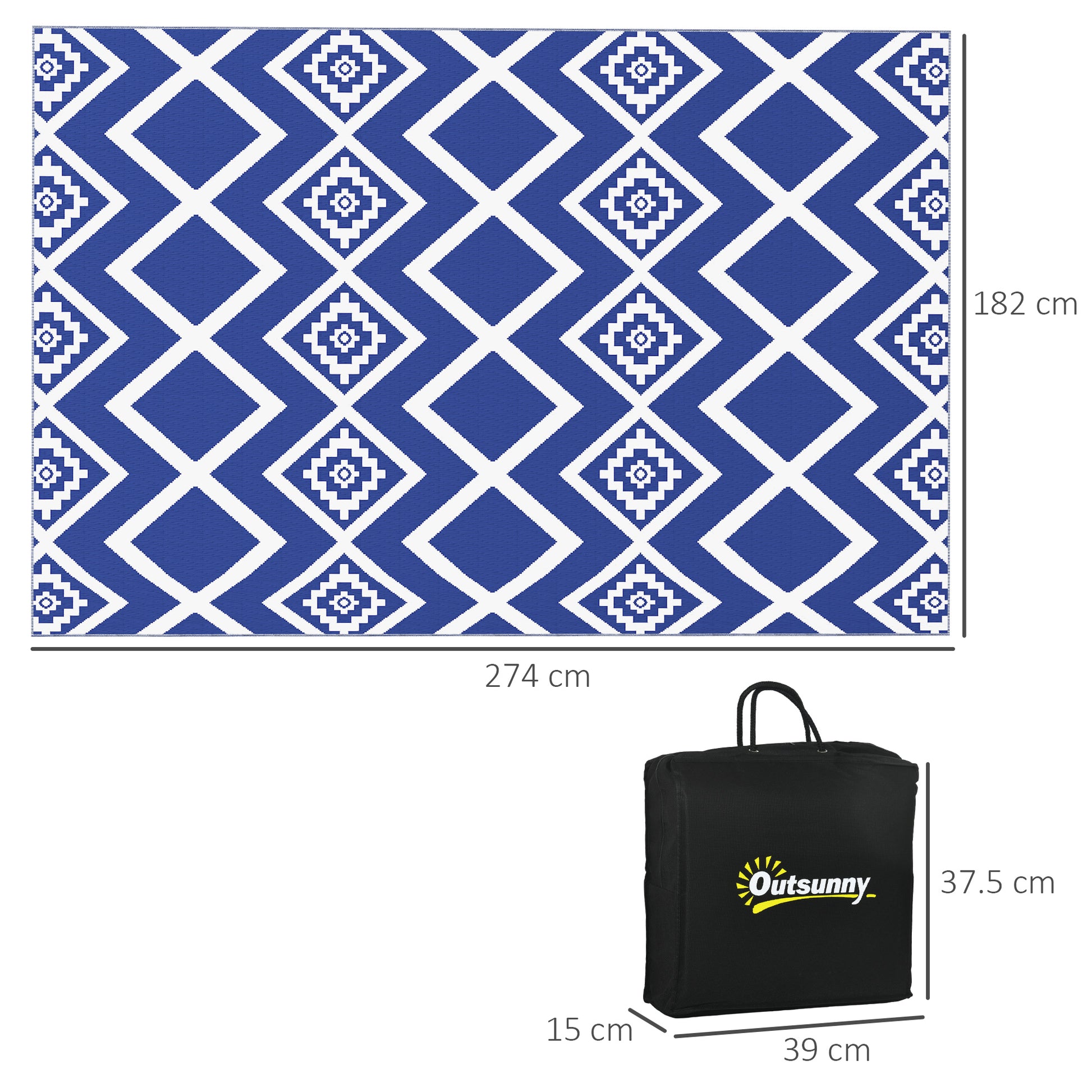Outsunny Plastic Straw Reversible RV Outdoor Rug with Carry Bag, 182 x 274cm, Blue and White--ChewyGames-ChewyGames