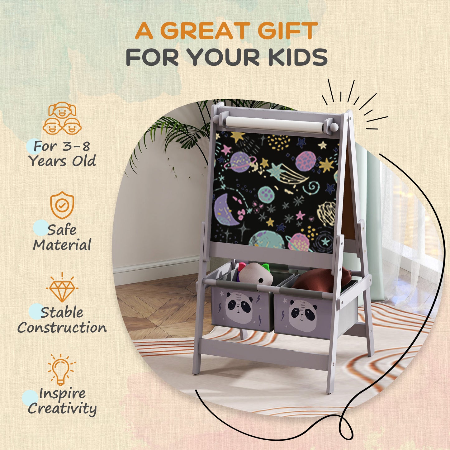 AIYAPLAY 3-In-1 Kids Easel with Paper Roll, Art Easel, with Storage - Grey--ChewyGames-ChewyGames
