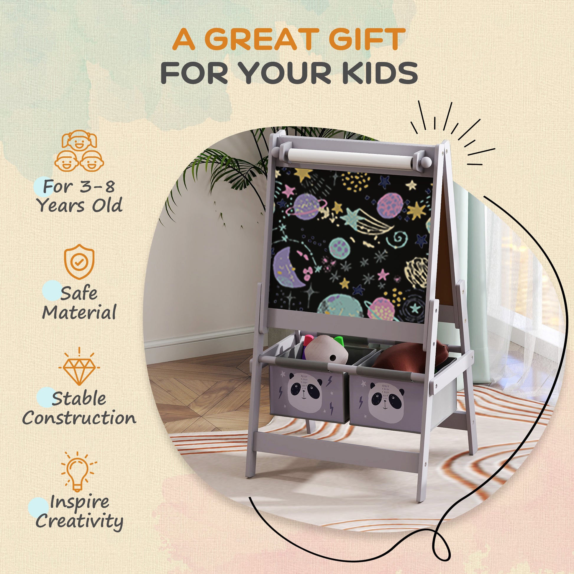 AIYAPLAY 3-In-1 Kids Easel with Paper Roll, Art Easel, with Storage - Grey--ChewyGames-ChewyGames