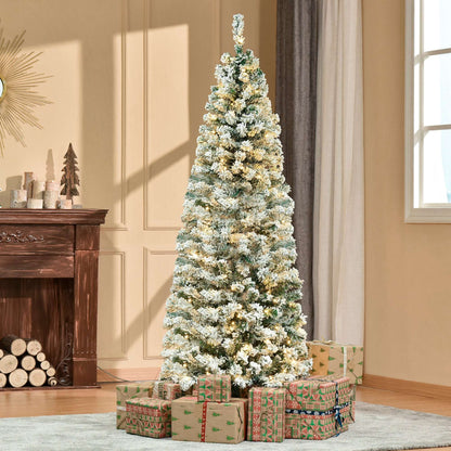HOMCOM 6FT Prelit Artificial Snow Flocked Christmas Tree with Warm White LED Light, Holiday Home Xmas Decoration, Green White