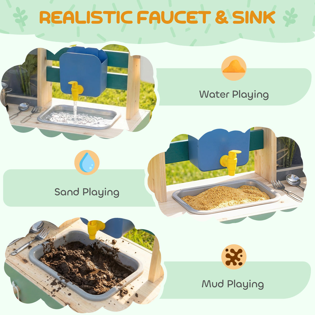 AIYAPLAY Mud Kitchen with Working Faucet, Kids Play Kitchen with Flower Pots, Kitchen Accessories, Planting Tools, Blue