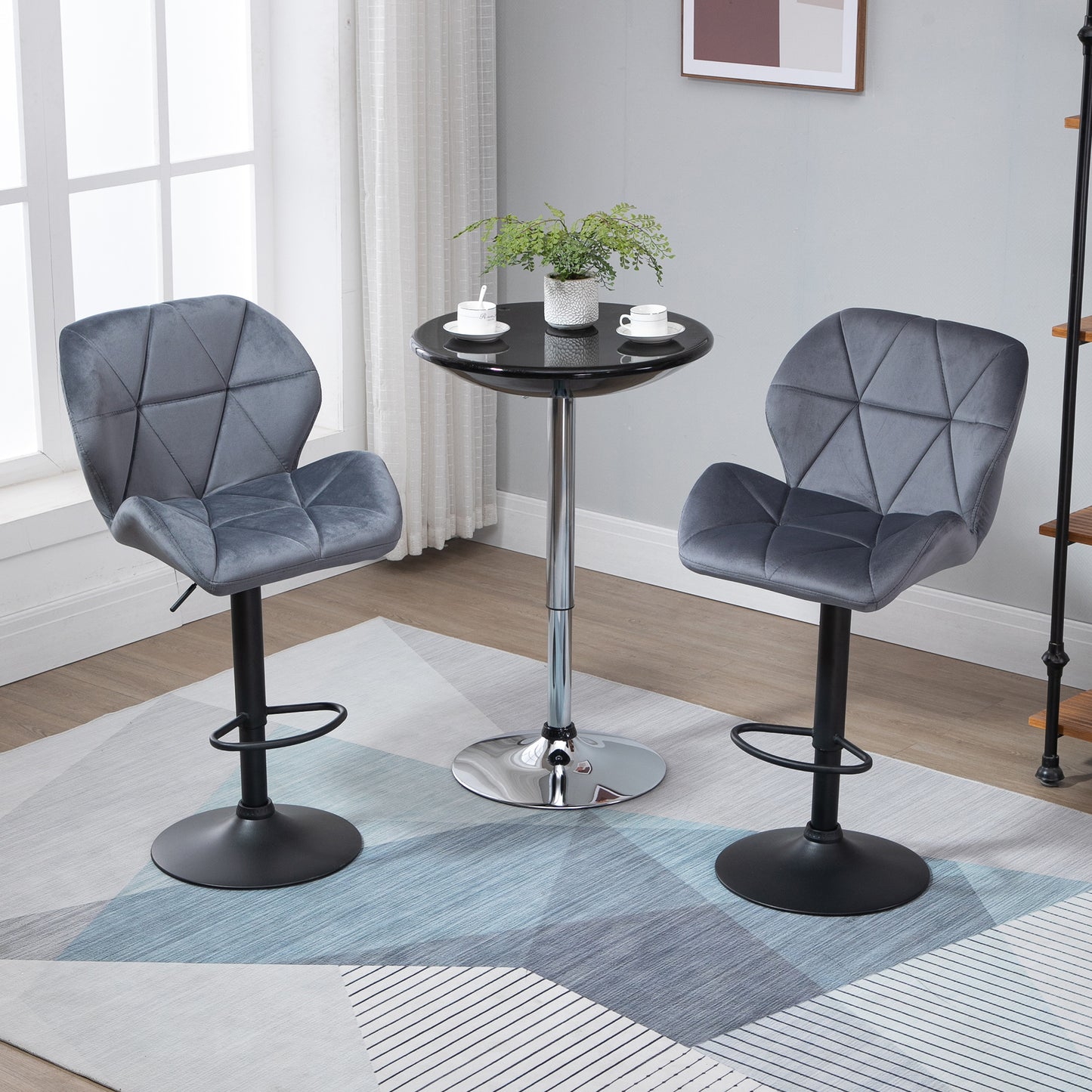 HOMCOM Bar Stools Set Of 2, Luxurious Velvet-Touch Barstools with Metal Frame Footrest Round Base Triangle Indenting Moulded Seat Adjustable Height Swivel Dark Grey