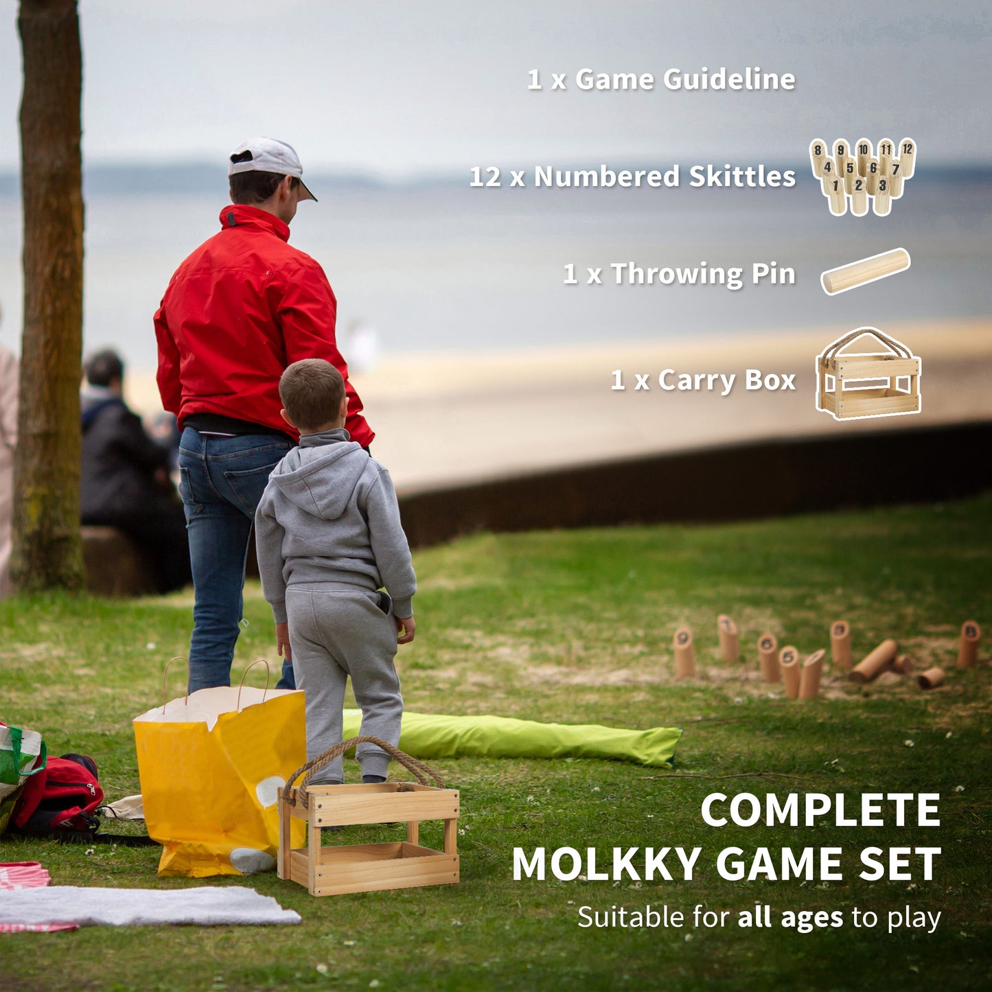 SPORTNOW Molkky Game, Wooden Skittles Throwing Game with 12 Skittles, 1 Throwing Pin and Carrying Box, Outdoor Games for Adults, Garden, Picnic, Beach, Party