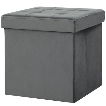 HOMCOM Foldable Velvet-Feel Storage Ottoman, 38 x 38 x 38 cm, Grey