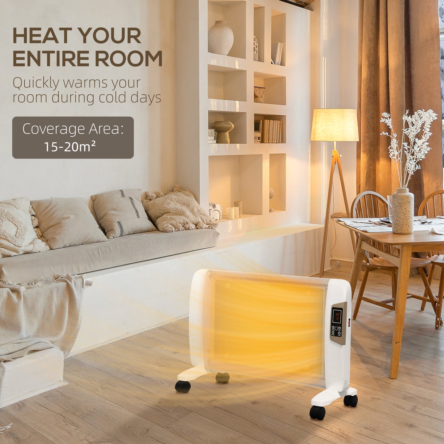 HOMCOM Mica Electric Space Heater, Portable Heater for Home with 2 Heat Settings, Living Room, Study, Garage, Adjustable Temperature 18-30°C, 1000W/2000W, White