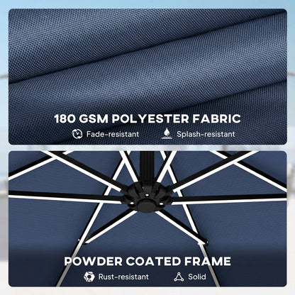 Outsunny 3 m Garden Cantilever Parasol with LED Solar Light, Round Overhanging Umbrella with 360° Rotation, Cover, Navy Blue
