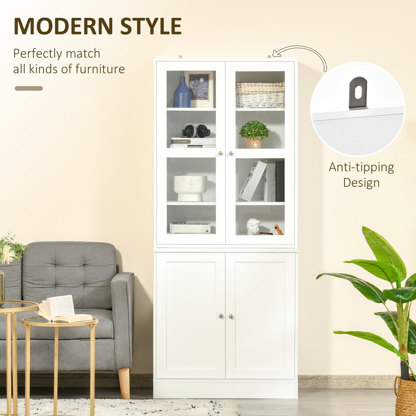 HOMCOM Modern Bookcase with Glass Doors, Display Storage Cabinet with Adjustable Shelves for Living Room, Study, Home Office, Kitchen Cupboard with Small Open Counter, White