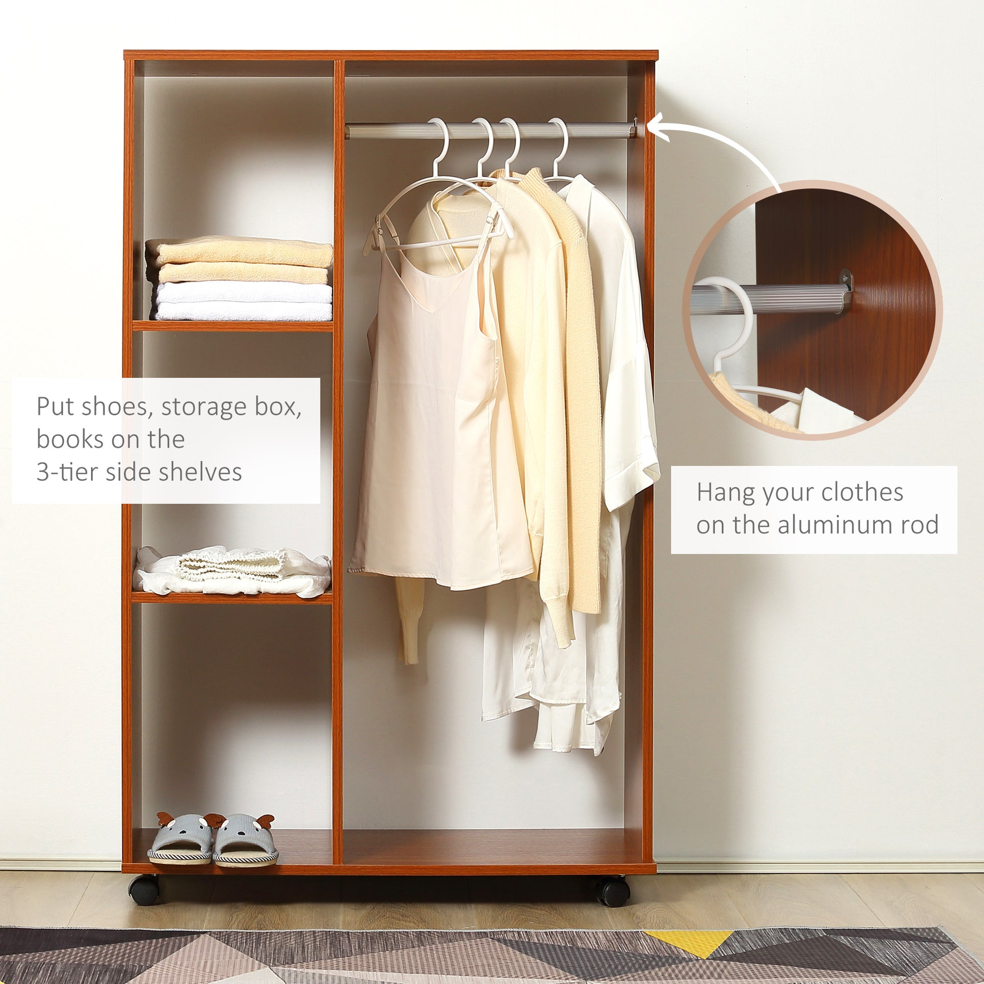 HOMCOM Open Wardrobe on Wheels, Bedroom Wardrobe with Clothes Hanging Rail, 3 Storage Shelves, Mobile Garment Rack for Cloakroom, Hallway, Walnut-Corner Wardrobes-ChewyGames-ChewyGames
