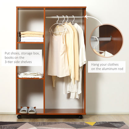 HOMCOM Open Wardrobe on Wheels, Bedroom Wardrobe with Clothes Hanging Rail, 3 Storage Shelves, Mobile Garment Rack for Cloakroom, Hallway, Walnut-Corner Wardrobes-ChewyGames-ChewyGames