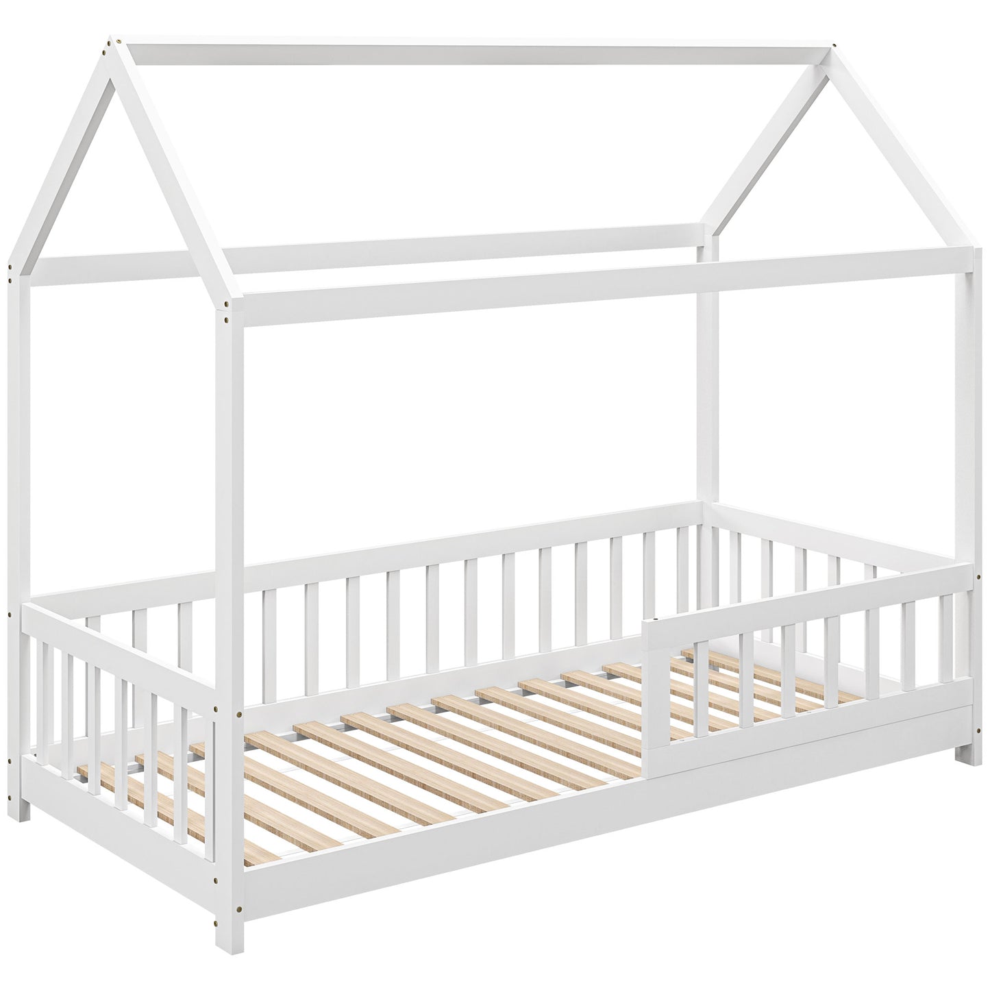 HOMCOM House-Shaped Kids Bed Frame with Guard Rails, Solid Pine Wood Single Bed Frame for Kids Boys and Girls